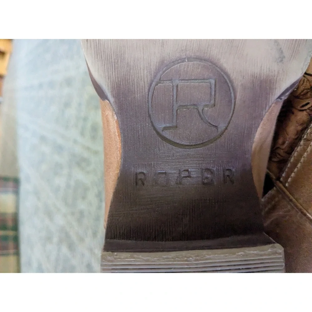 Roper Womens Tan Brown Leather Embossed Floral Western Cowgirl Boots Size 5.5 - Picture 6 of 7